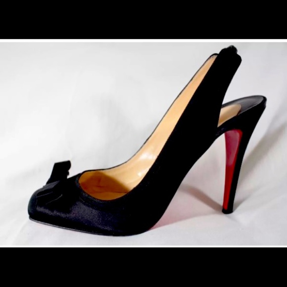 Christian Louboutin $900-Black Satin/GrossGrain “Nokia” Slingback Bow Pumps 41